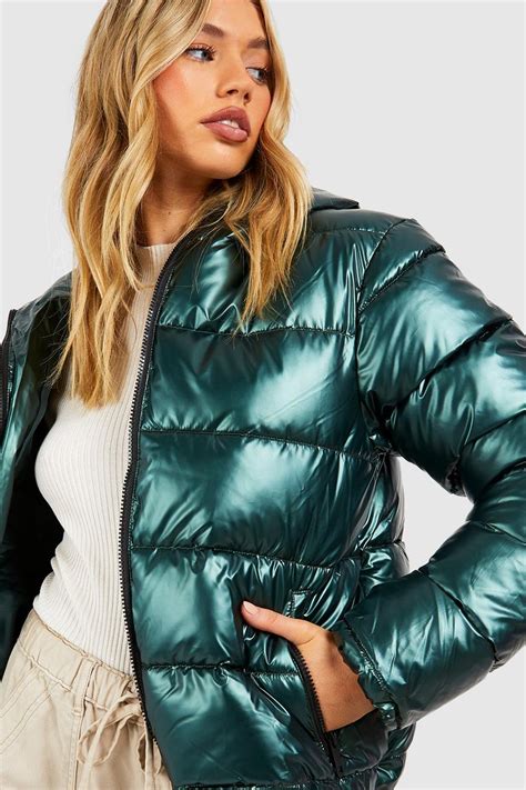 shiny hooded puffer jacket